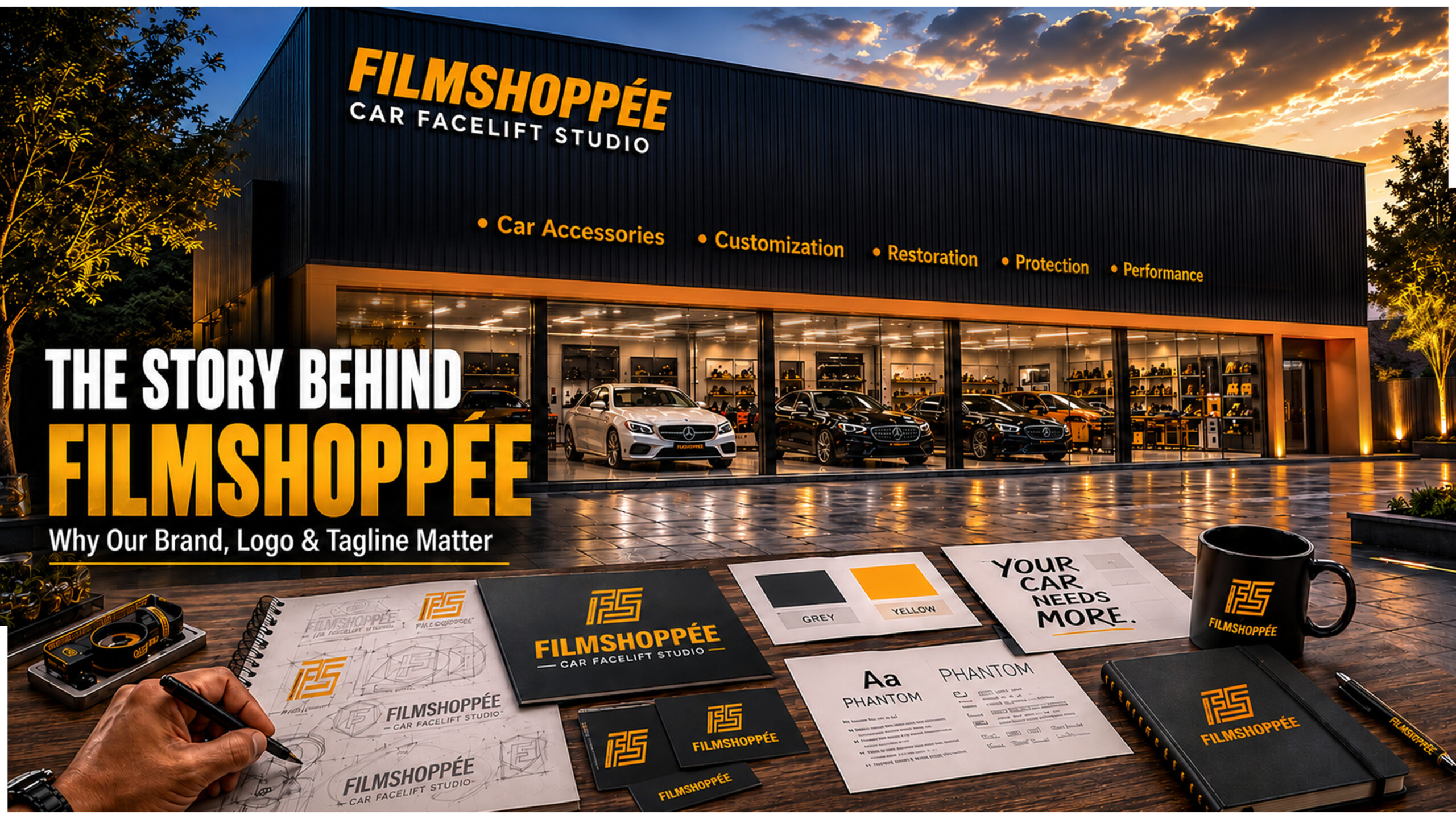 Premium automotive workshop showing the Filmshoppee brand story, logo meaning, tagline, and brand identity for an automotive business.