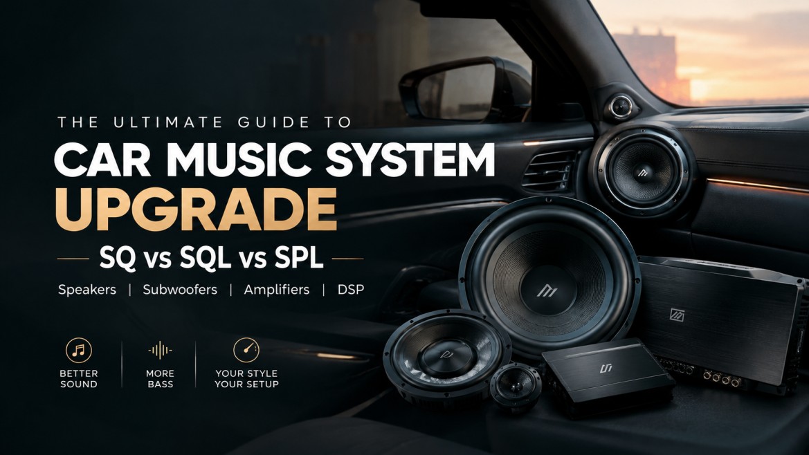 Car music system upgrade with speakers, amplifier, DSP and subwoofer